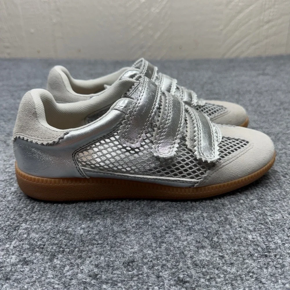 Silent D Womens Silver Metallic Mesh Triple Strap Gum Sole Sneakers Retro Shoes - Picture 1 of 9